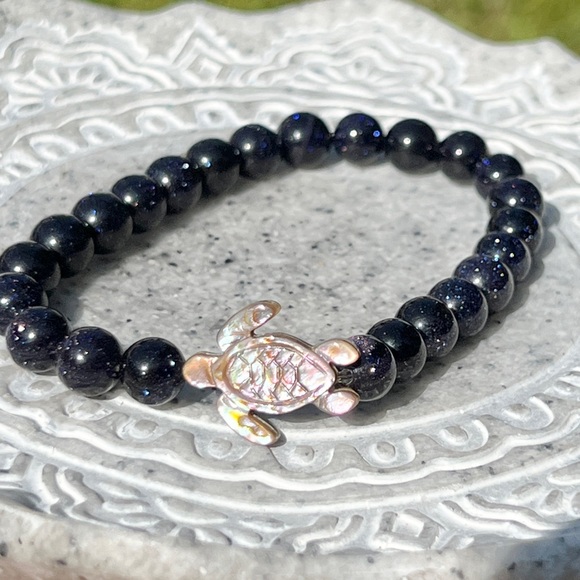Abalone Turtle Blue Goldstone Bracelet Handmade by Wandering Bunny Shop LLC - Picture 7 of 10